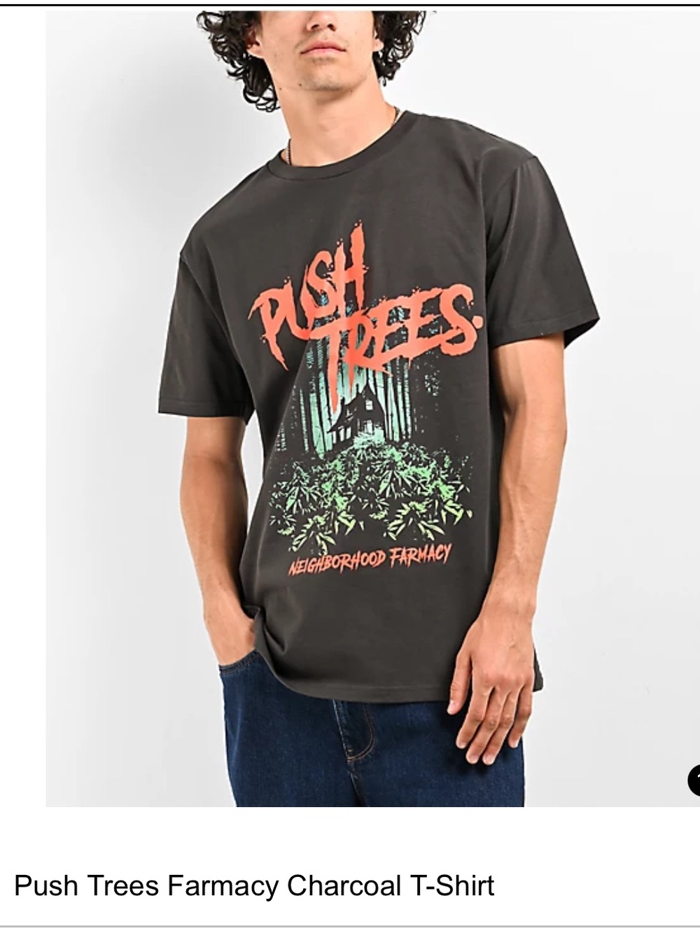 NWOT Push Trees Farmacy Charcoal T featuring a horror-inspired cabin graphic